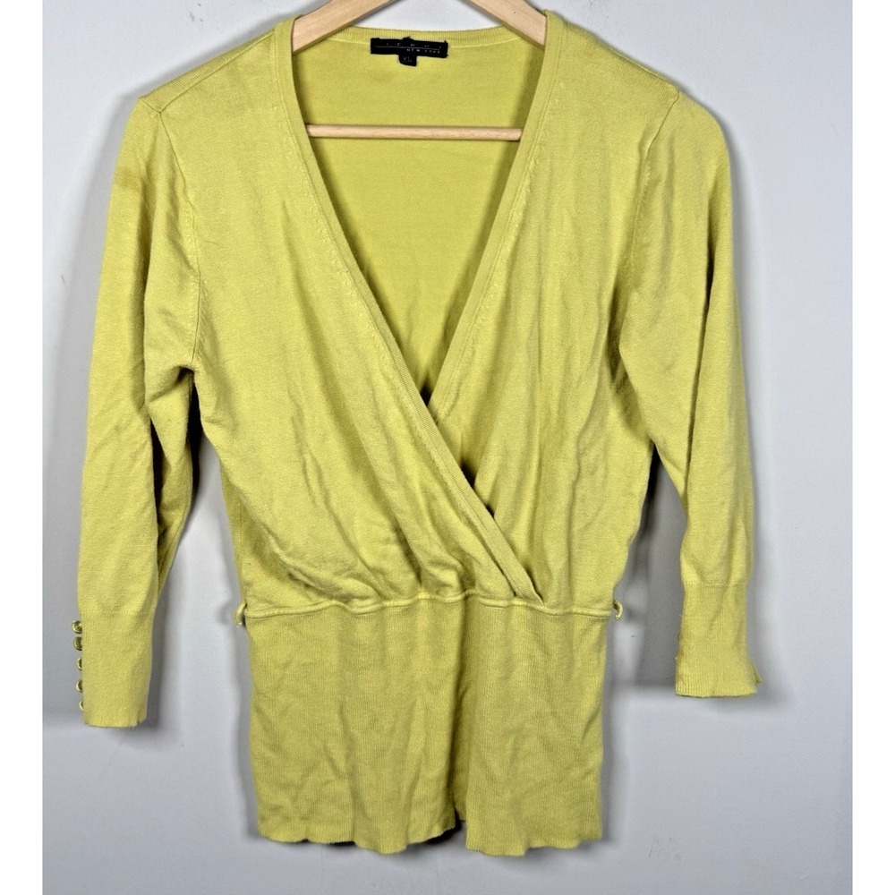 Pierri New York‎ Wrap Sweater XL Chartreuse Green Yellow 3/4 Sleeve Knit Top